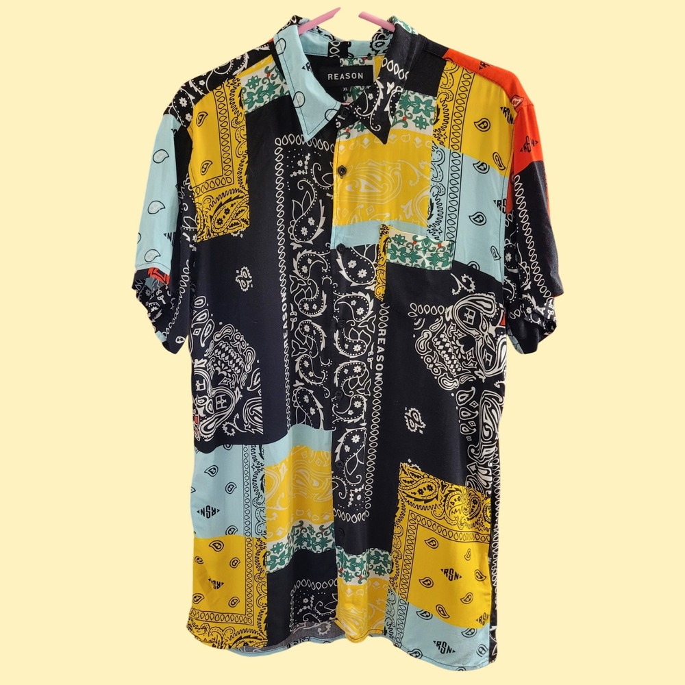 Reason Mens XL Bandana Patchwork Button‎ Up Shirt Paisley Intersection Print 90s